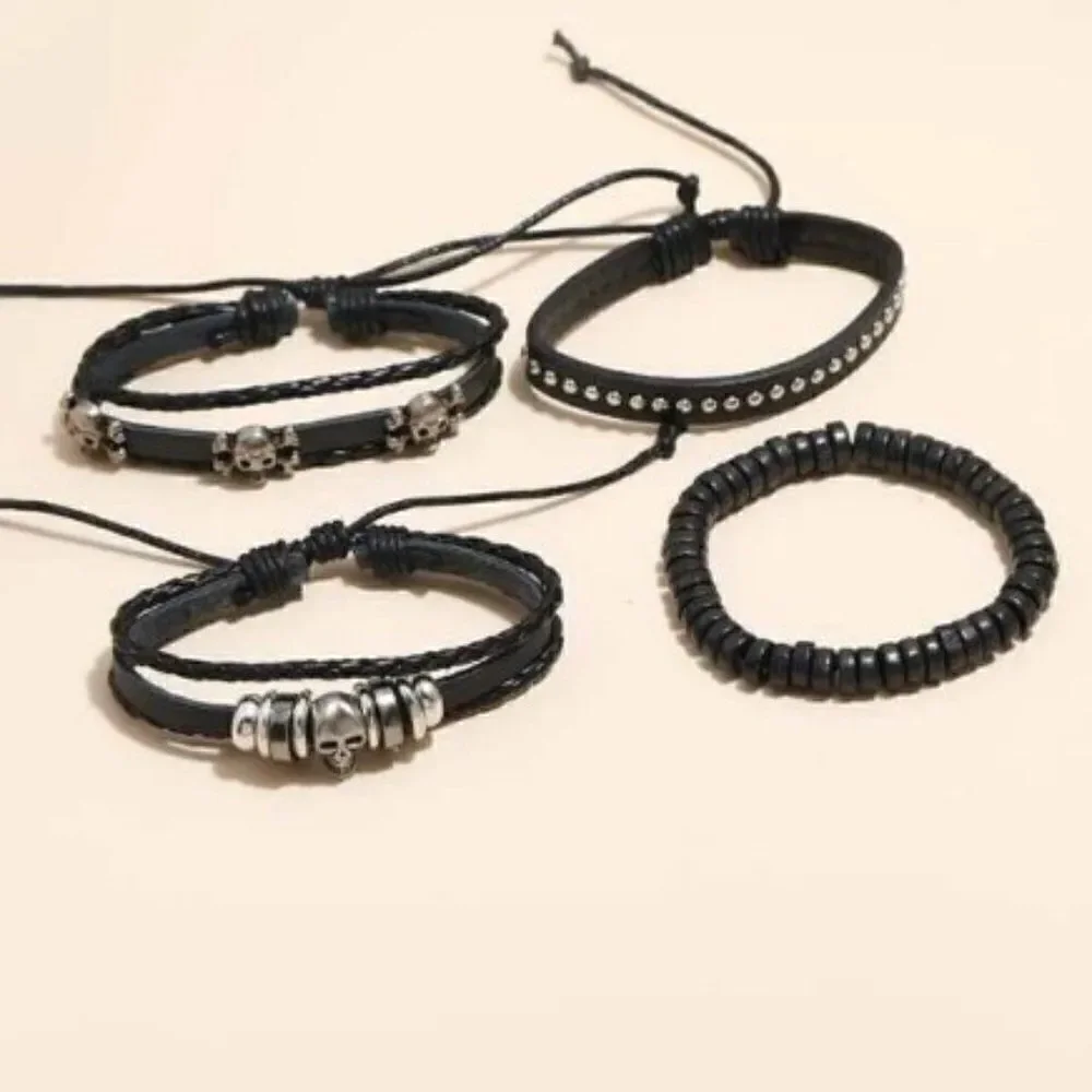 BLACK LEATHER SKULL BRACELET SET